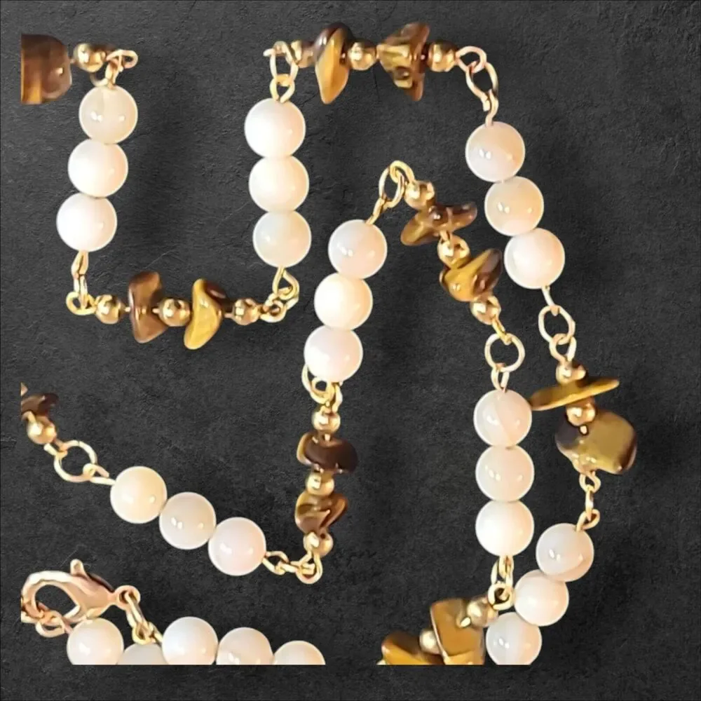 Gold‎ Tone Tiger's Eye & White Stone Bead Station Necklace 22